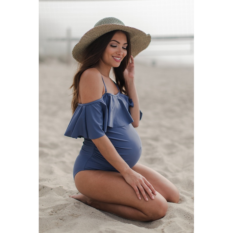 Blue Grey Ruffle Trim Ruched One-Piece Maternity Swimsuit