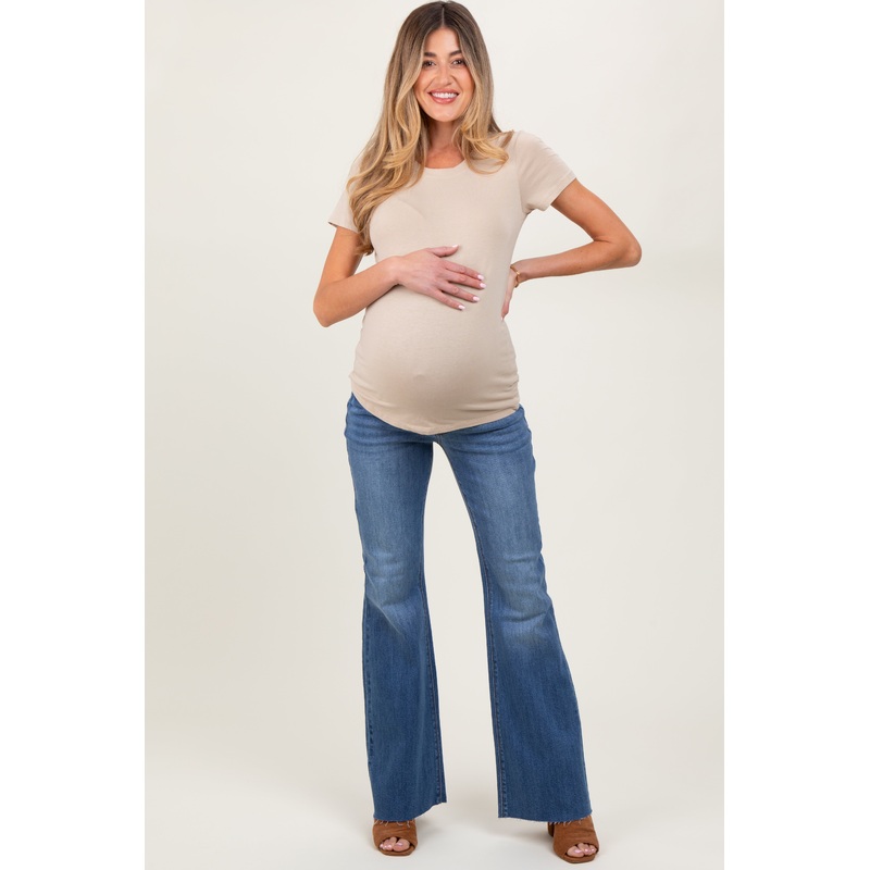 Blue Raw Cut Hem Flare Maternity Jeans