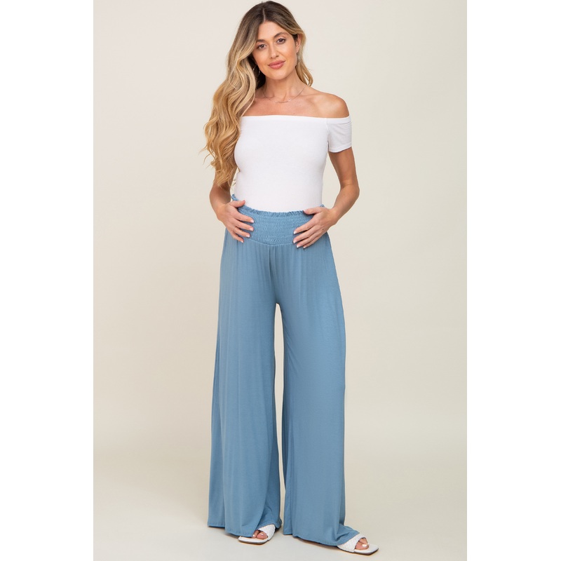 Blue Smocked Waist Flowy Maternity Pants