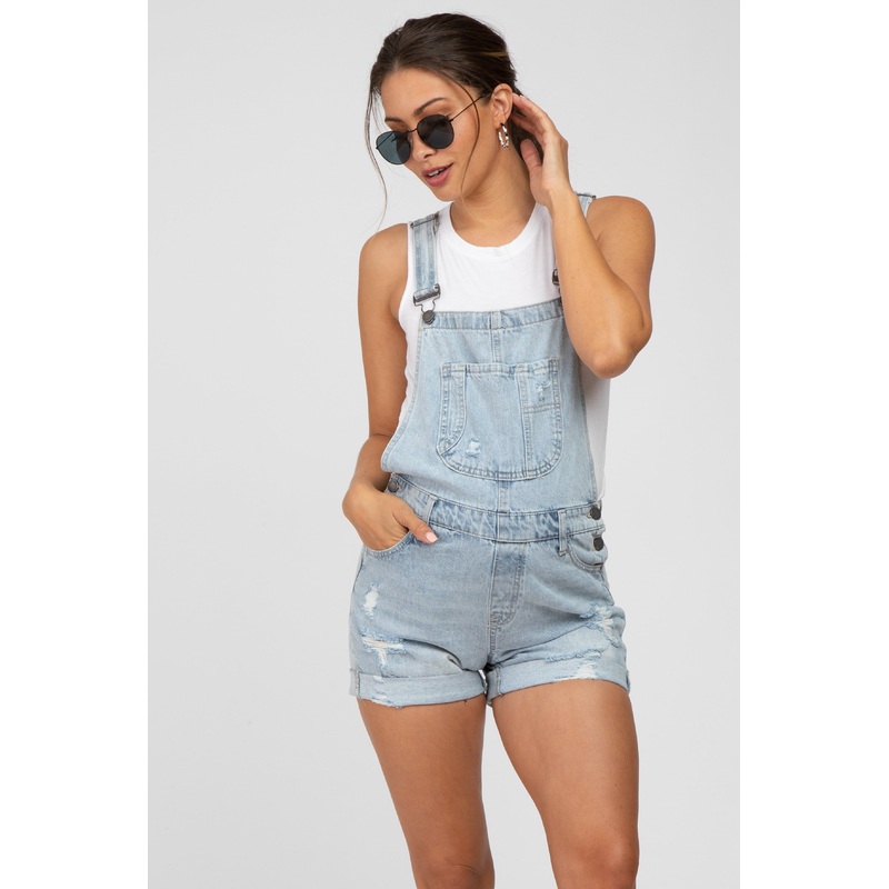Light Blue Distressed Maternity Denim Short Overalls