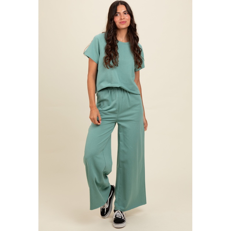 Light Olive Basic Tee And Wide Leg Pant Set