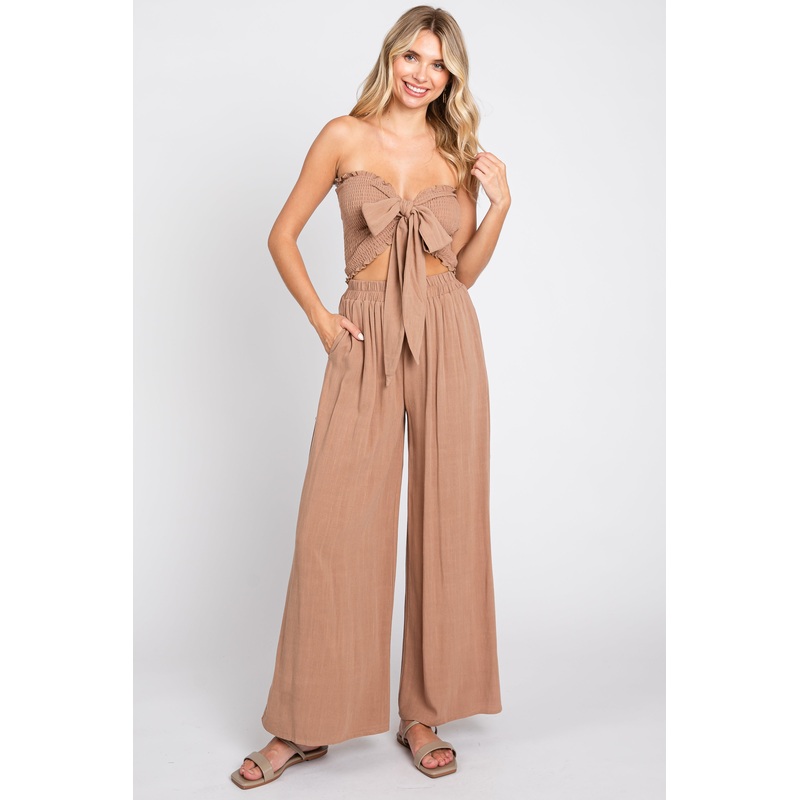 Mocha Front Tie Crop Top and Pant Set