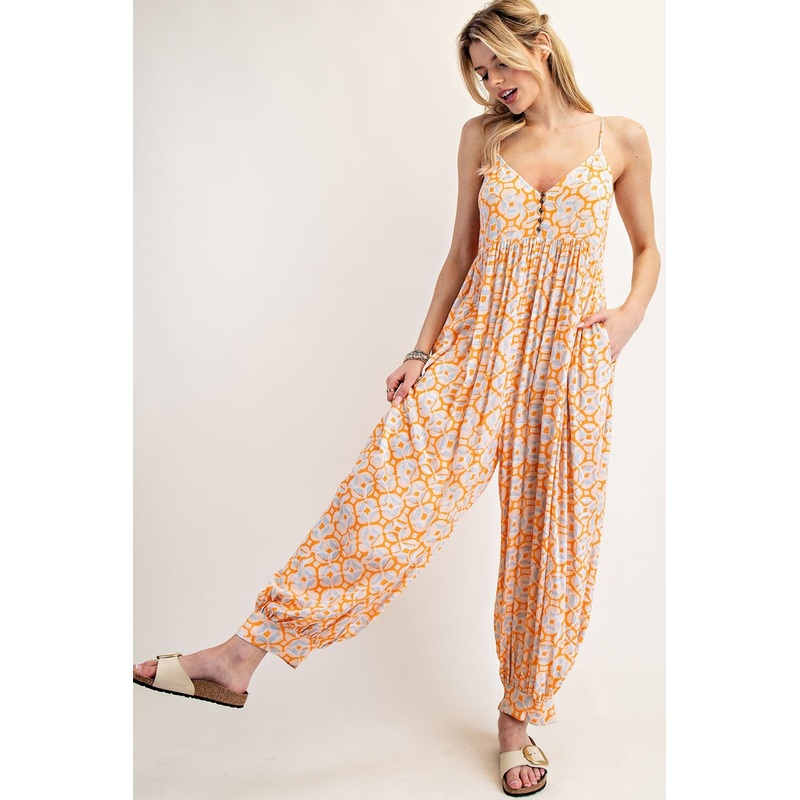 Peach Printed Button Detail Jumpsuit