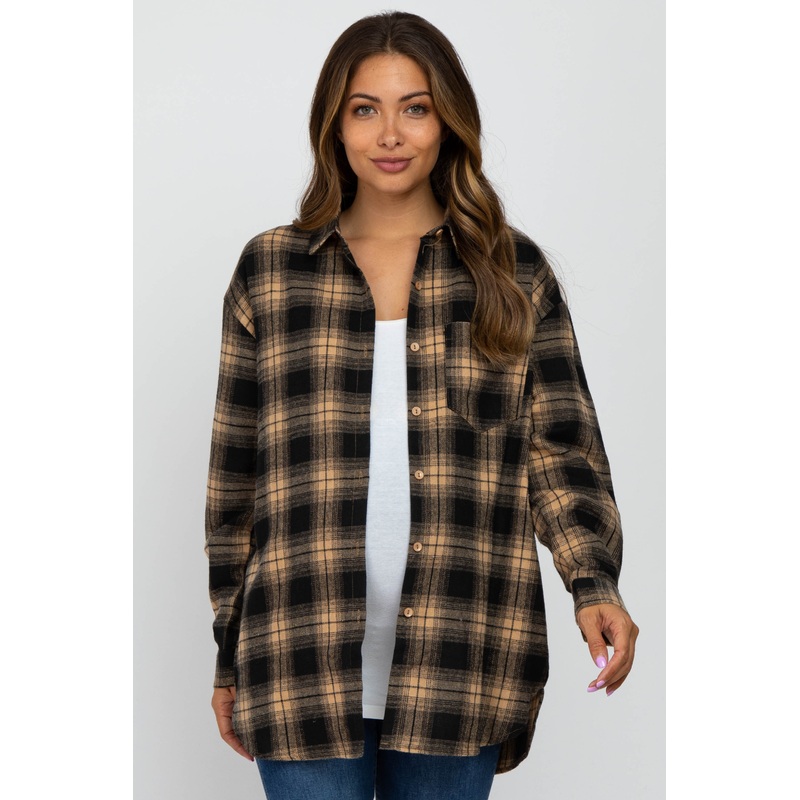 Taupe Black Plaid Button Down Maternity Top