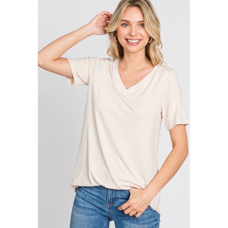 Taupe V-Neck Short Sleeve Round Hem Top
