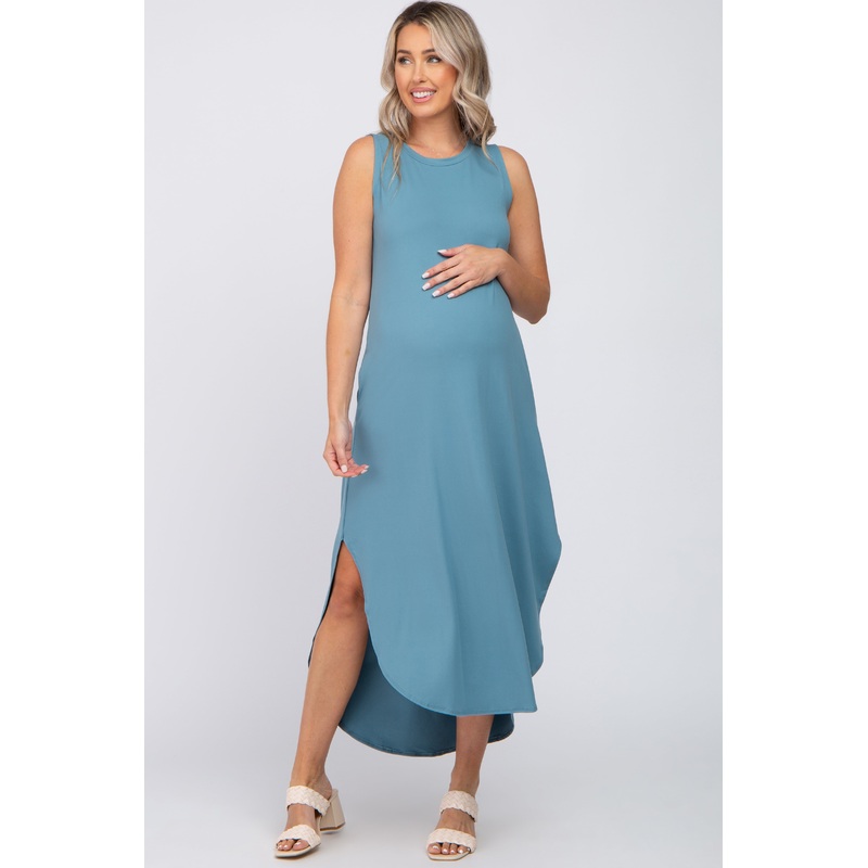 Teal Sleeveless Round Hem Maternity Maxi Dress