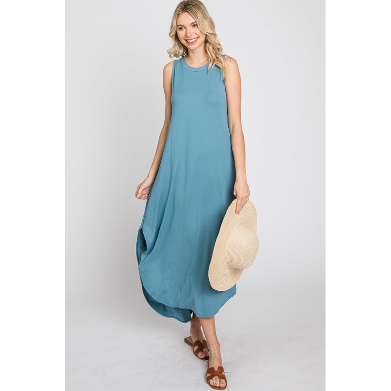 Teal Sleeveless Round Hem Maxi Dress