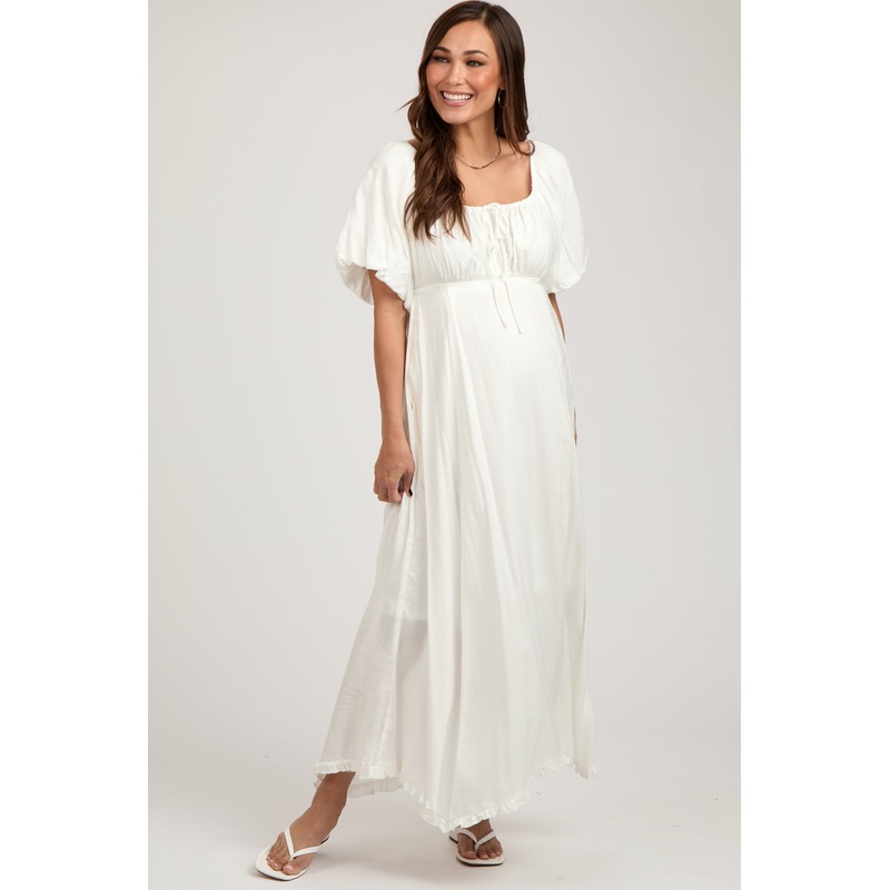 White Front Tie Puff Sleeve Maternity Maxi Dress