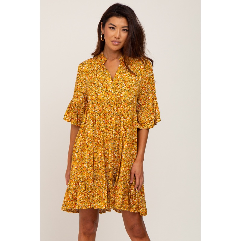 Yellow Floral Ruffle Sleeve Tiered Dress