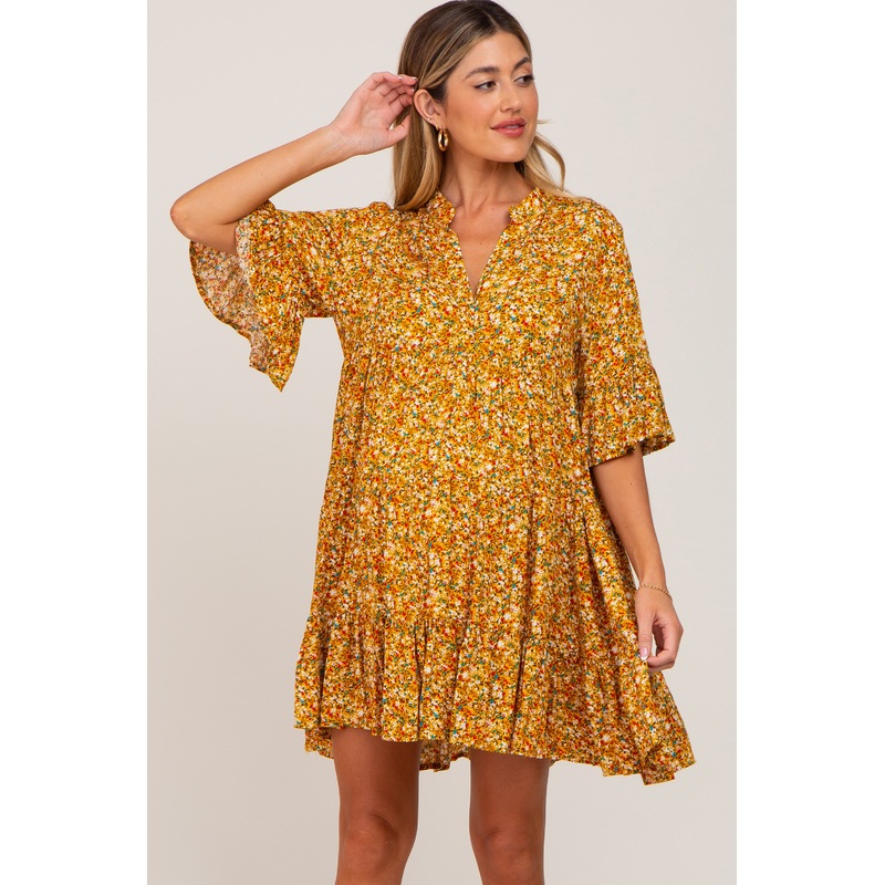 Yellow Floral Ruffle Sleeve Tiered Maternity Dress
