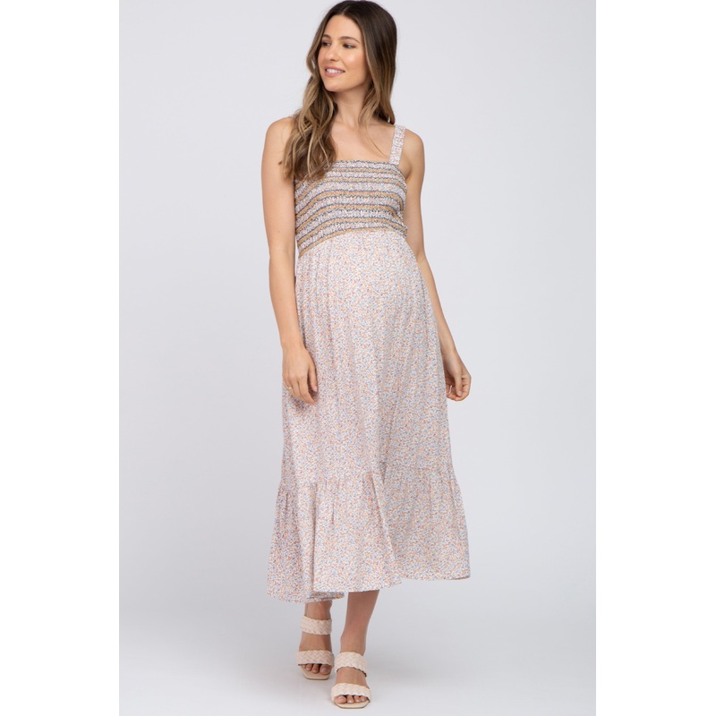 Yellow Multi-Color Floral Smocked Sleeveless Maternity Midi Dress