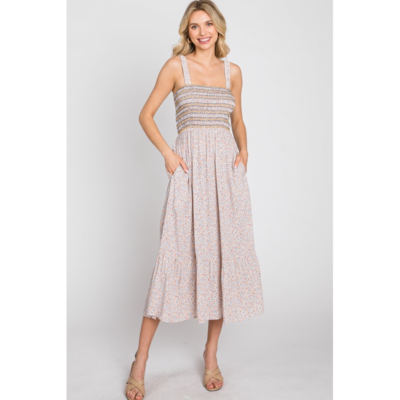 Yellow Multi-Color Floral Smocked Sleeveless Midi Dress