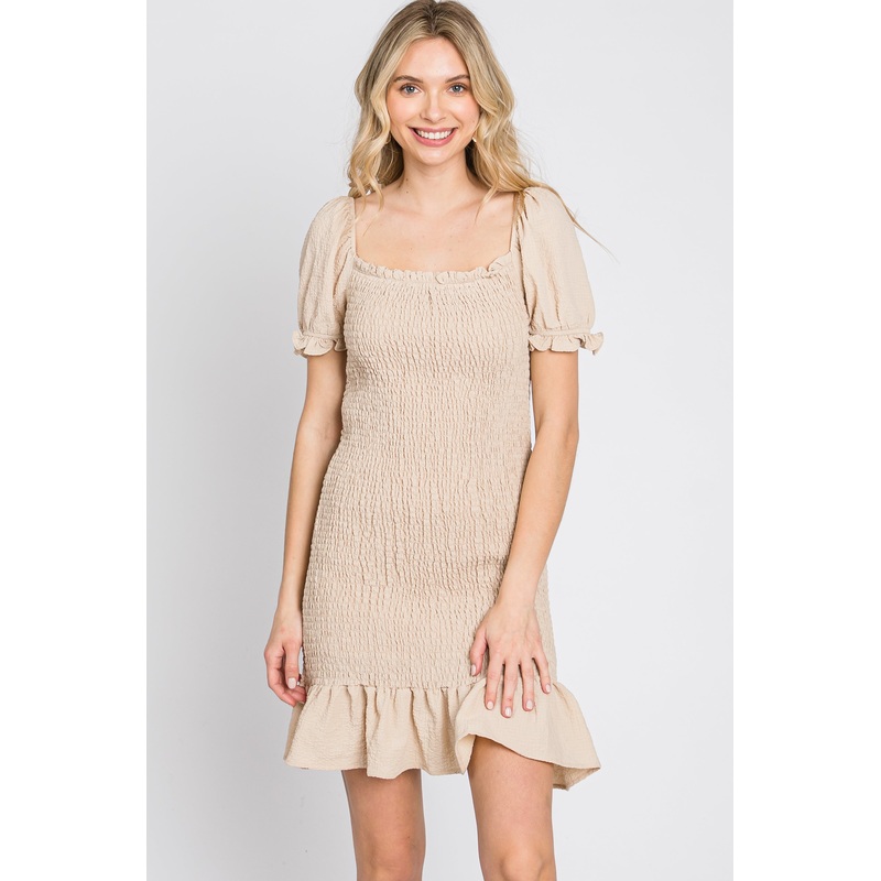 Beige Smocked Puff Sleeve Dress