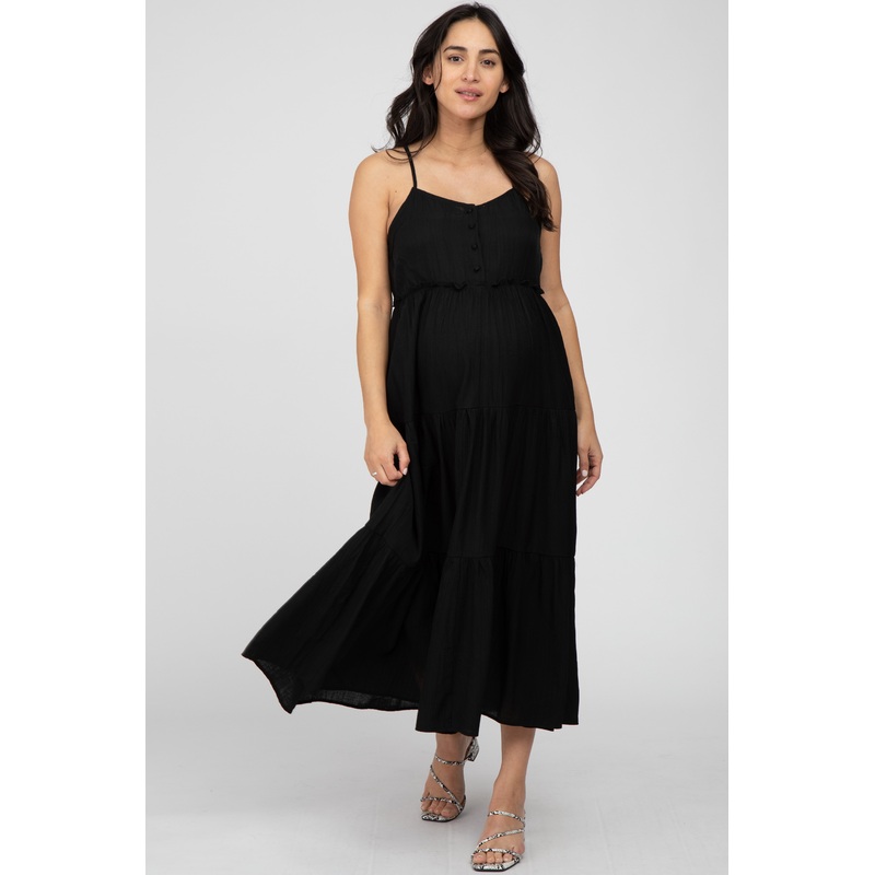 Black Button Front Tiered Maternity Midi Dress