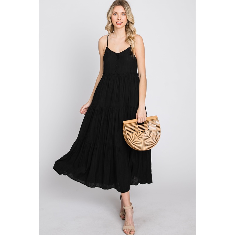 Black Button Front Tiered Midi Dress