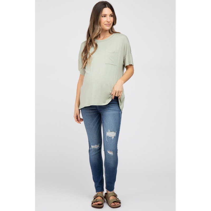 Blue Distressed Knee Cropped Maternity Skinny Jeans