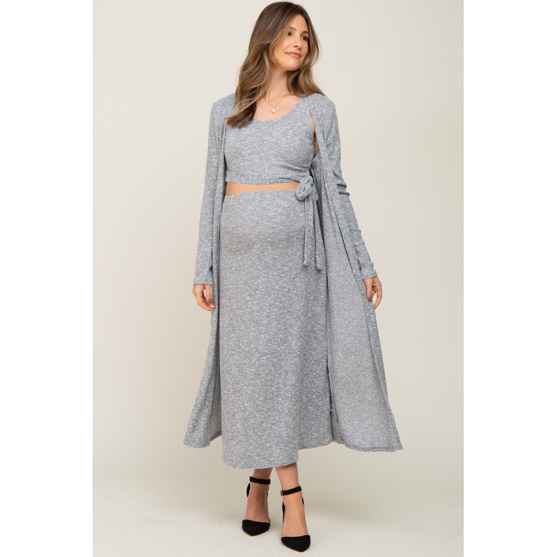 Heather Grey 3-Piece Skirt and Cardigan Maternity Set