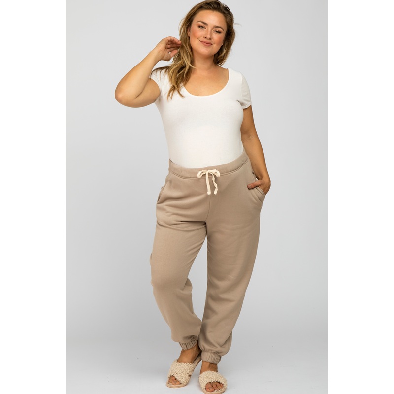 Light Mocha Soft Drawstring Maternity Plus Sweatpants