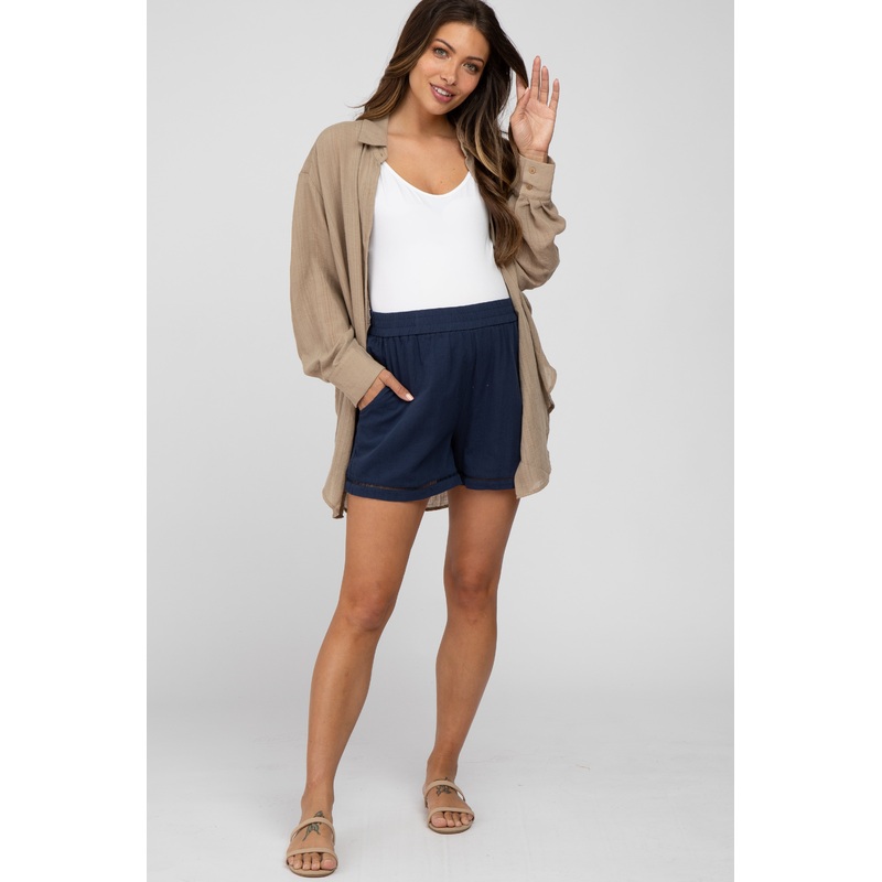 Navy Blue Ladder Trim Maternity Shorts