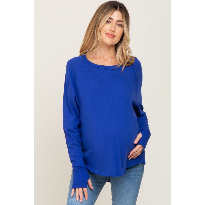 Royal Blue Distressed Seam Maternity Long Sleeve Top