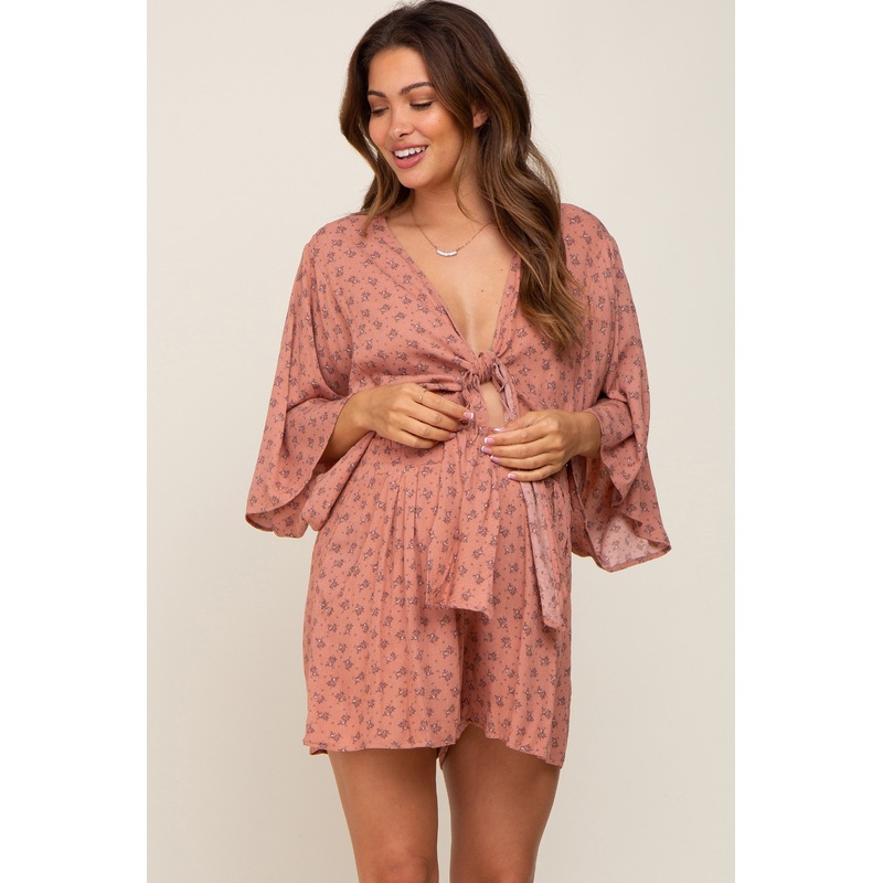 Rust Floral Front Tie Maternity Romper