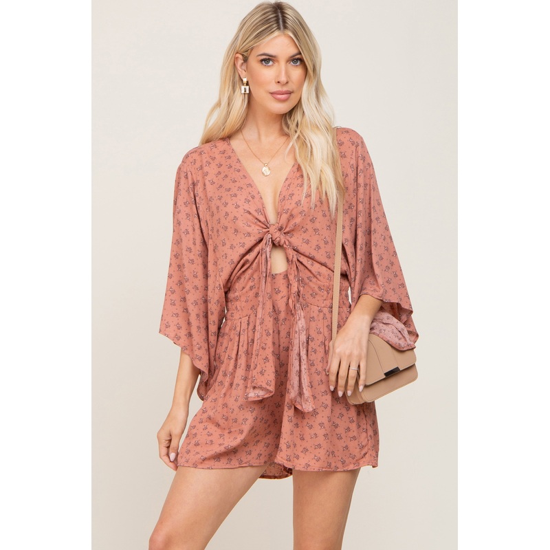 Rust Floral Front Tie Romper