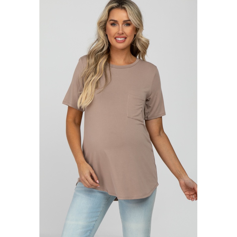 Taupe Crew Neck Front Pocket Short Sleeve Maternity Top