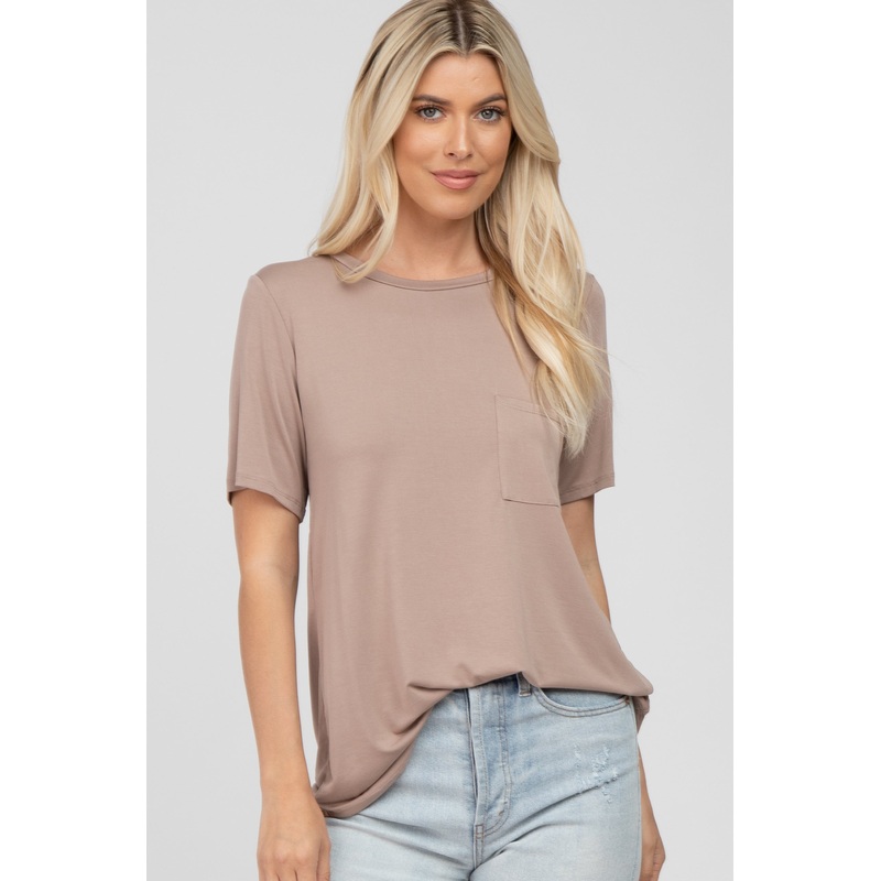 Taupe Crew Neck Front Pocket Short Sleeve Top