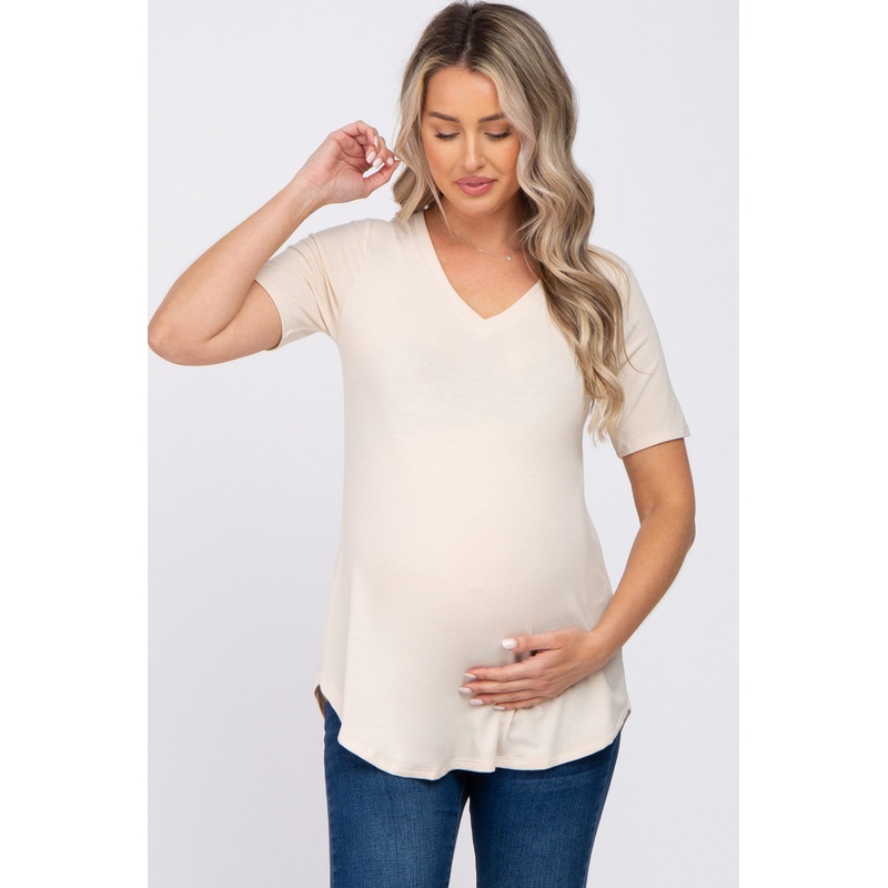 Taupe V-Neck Maternity Short Sleeve Round Hem Top