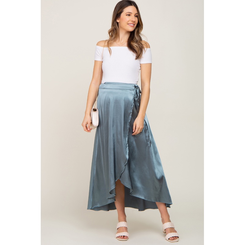 Teal Hi-Lo Satin Maternity Wrap Skirt