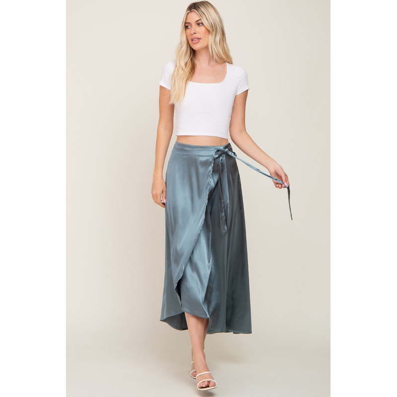 Teal Hi-Lo Satin Wrap Skirt