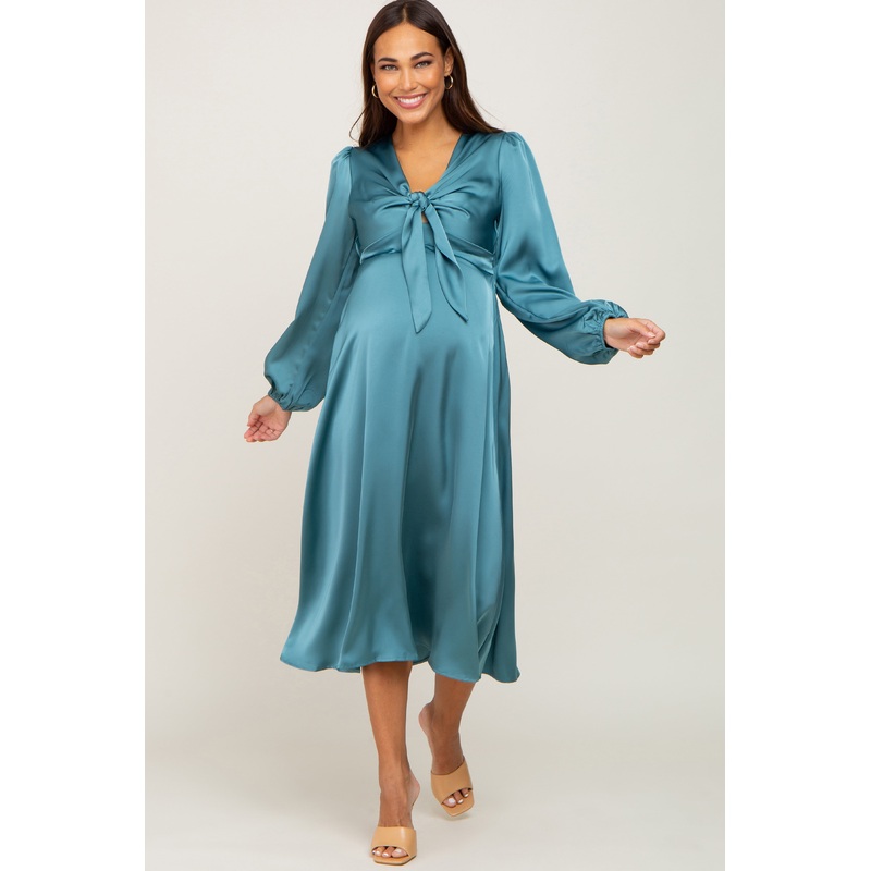 Teal Satin Tie Front Cutout Maternity Midi Dress