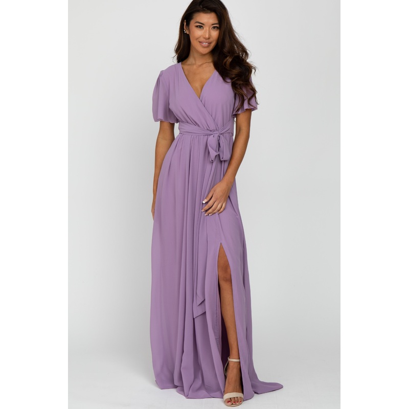 Violet Chiffon Short Sleeve Maxi Dress