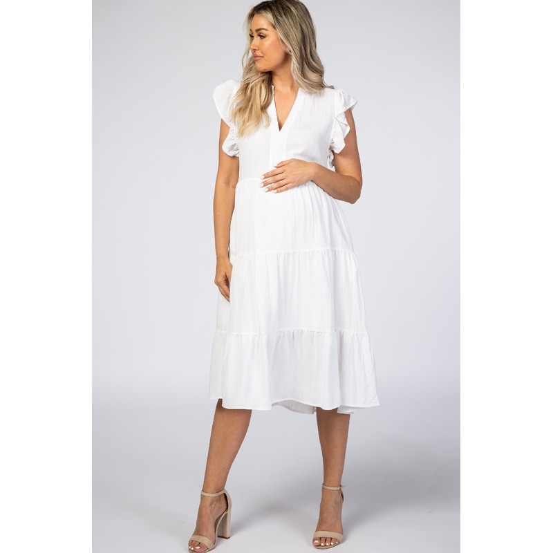 White Tiered Ruffle Sleeve Maternity Midi Dress