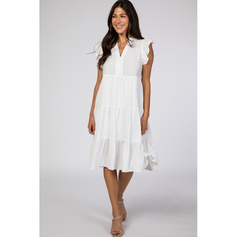 White Tiered Ruffle Sleeve Midi Dress