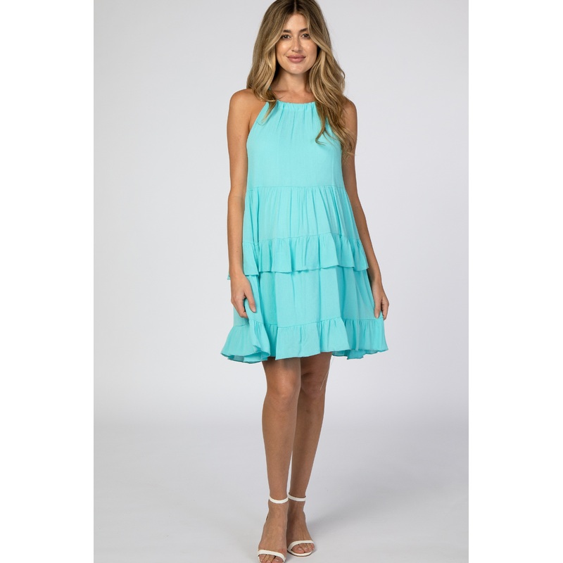Aqua Halter Neck Tie Tiered Maternity Dress