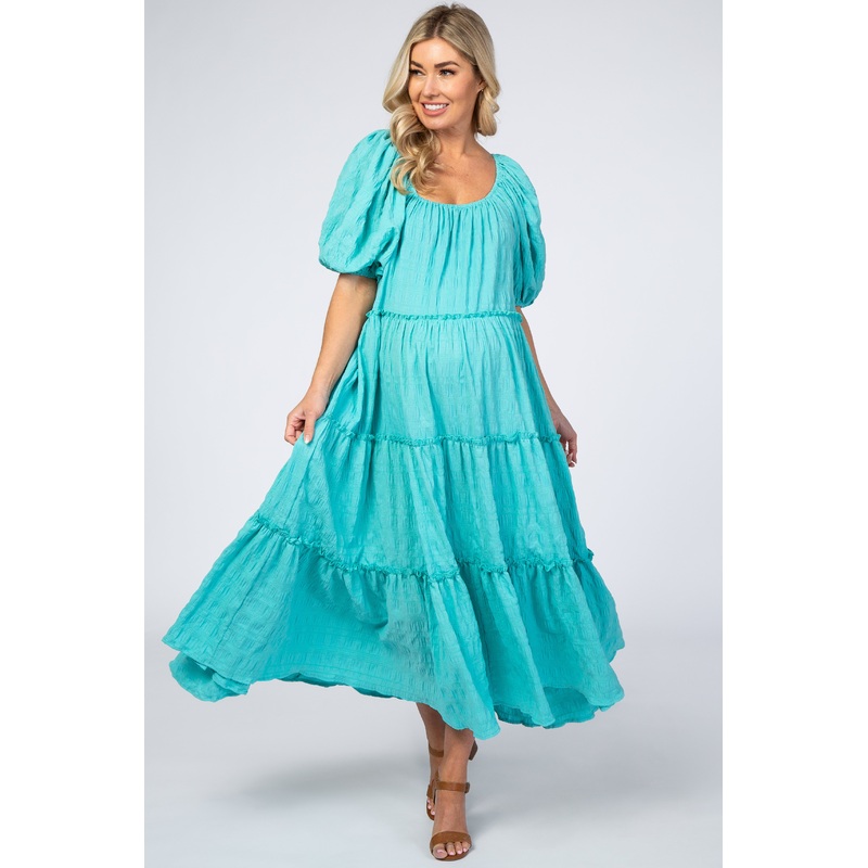 Aqua Textured Tiered Maternity Midi Dress