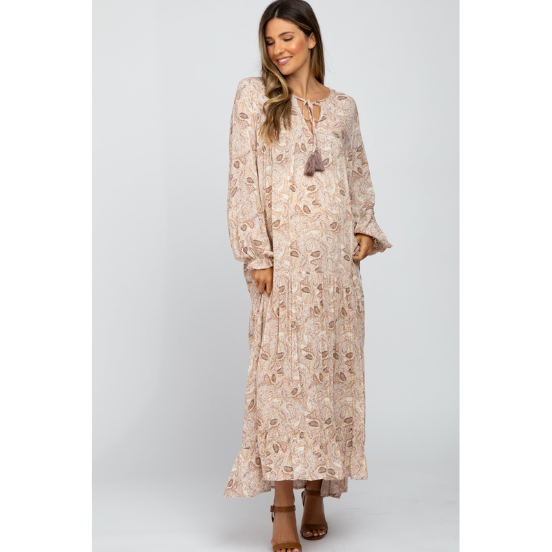 Beige Paisley Ruffle Hem Maternity Maxi Dress