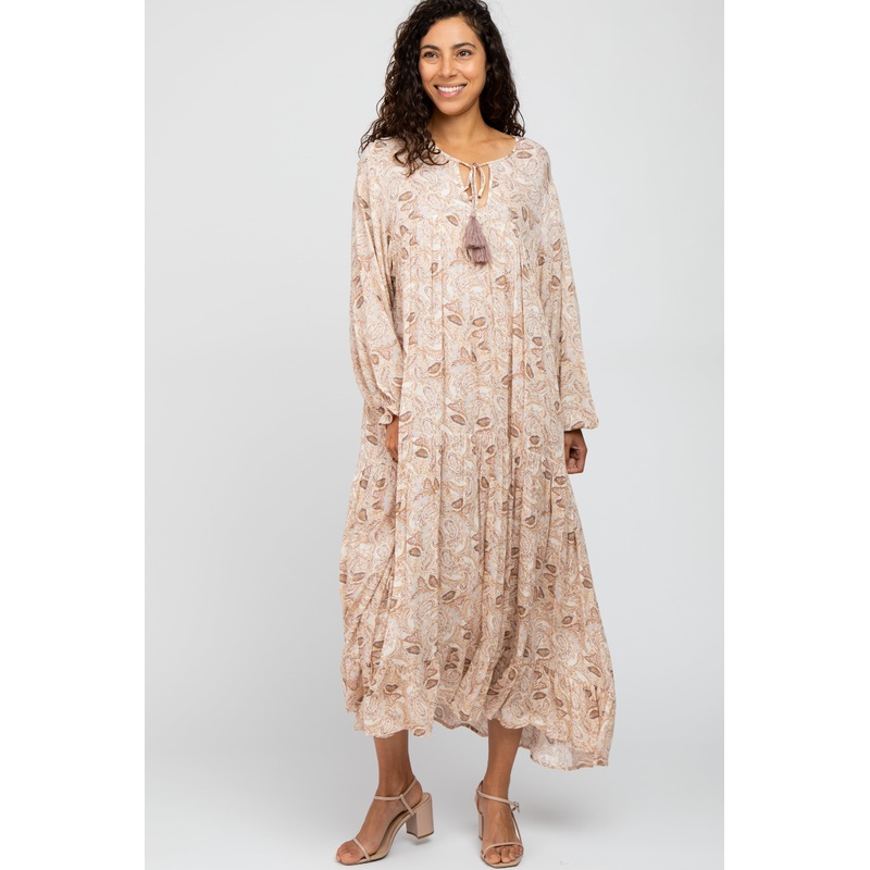 Beige Paisley Ruffle Hem Maxi Dress