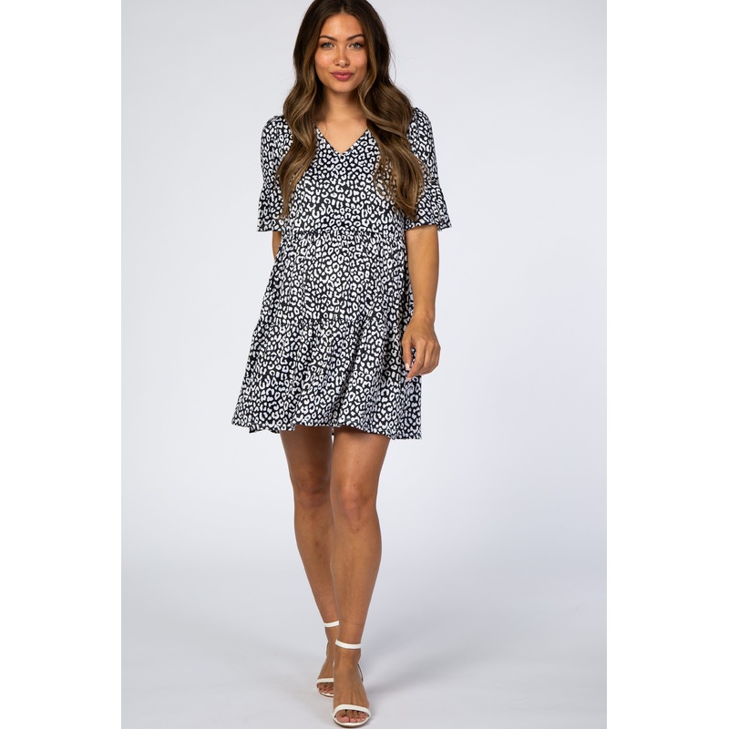 Black Animal Print Ruffle Sleeve Maternity Dress