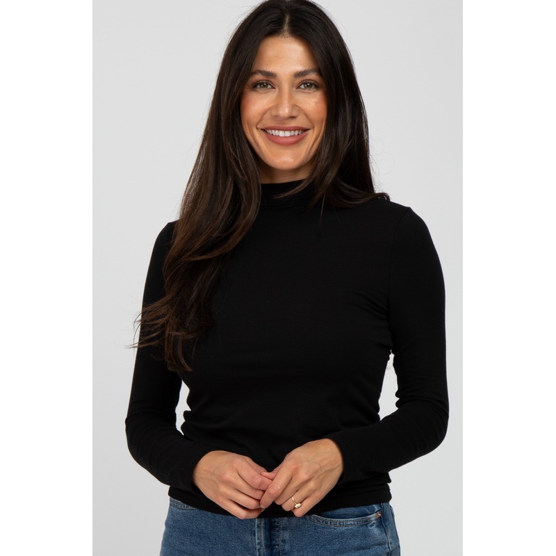 Black Fitted Mock Neck Long Sleeve Top