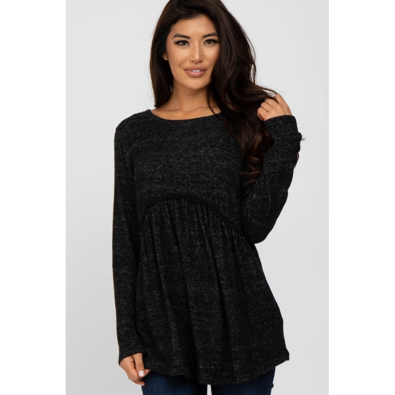 Black Soft Brushed Long Sleeve Babydoll Top