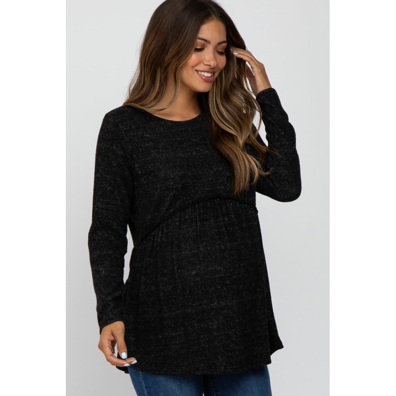 Black Soft Brushed Long Sleeve Maternity Babydoll Top