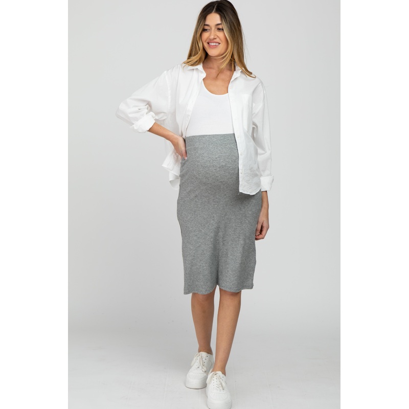 Heather Grey Ribbed Back Slit Maternity Pencil Skirt