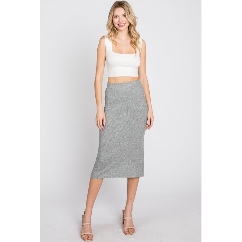 Heather Grey Ribbed Back Slit Pencil Skirt