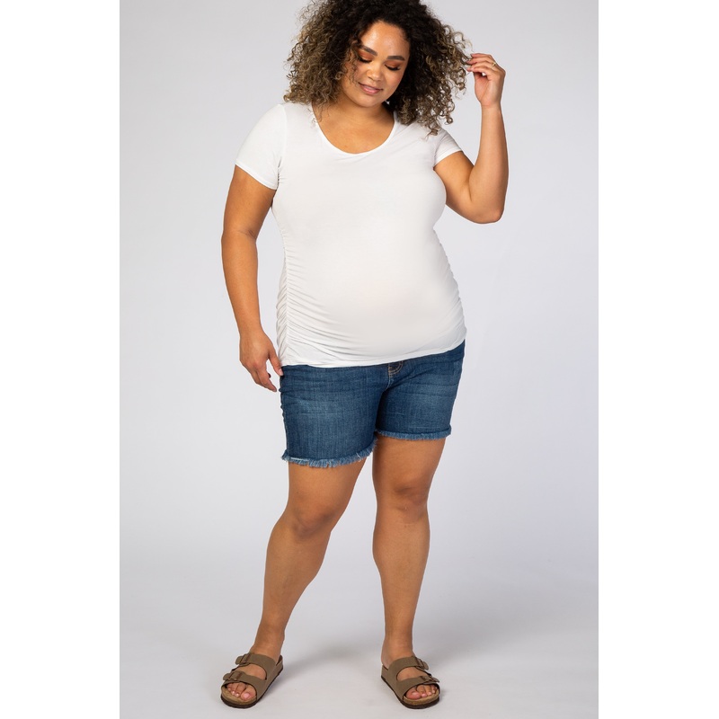 Navy Fringe Hem Maternity Plus Shorts