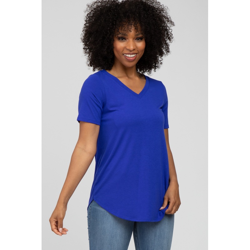 Royal Blue V-Neck Short Sleeve Round Hem Top