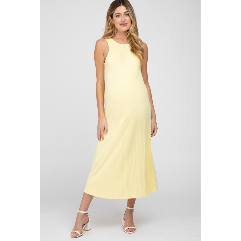 Yellow Low V-Back Sleeveless Maternity Midi Dress