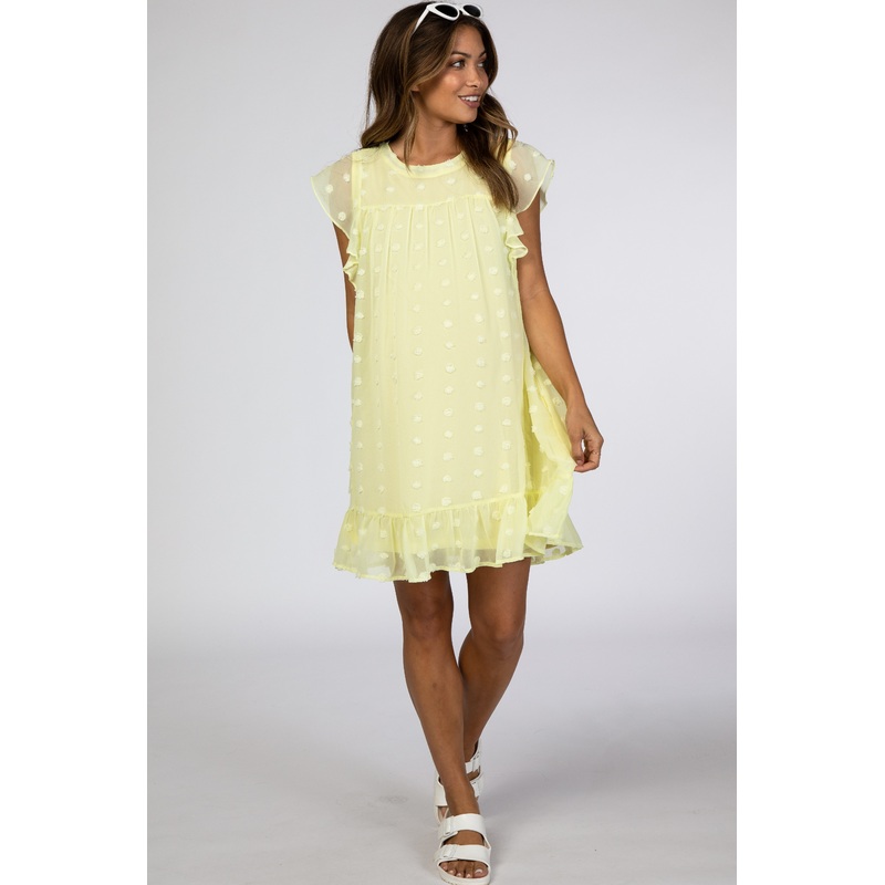 Yellow Textured Polka Dot Ruffle Maternity Dress