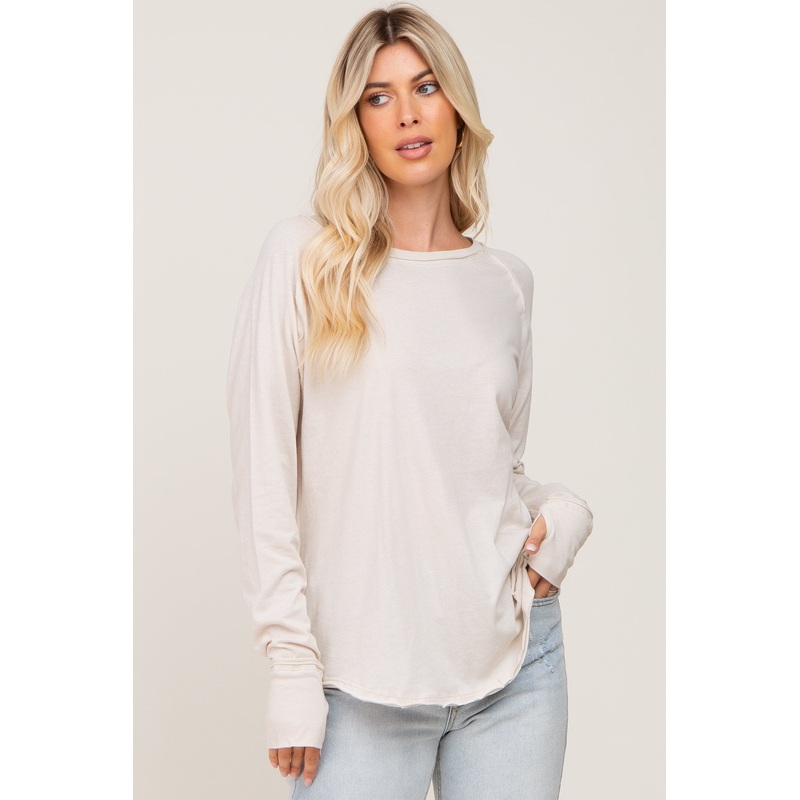Beige Distressed Seam Long Sleeve Top